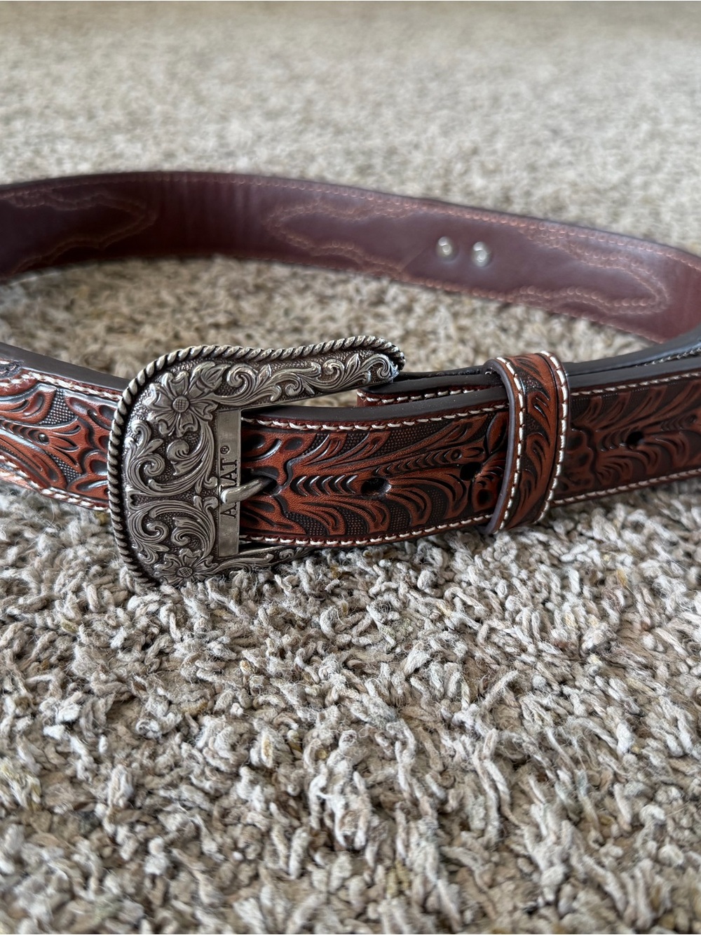 Men’s Ariat Tooled Brown Leather Western Belt with Decorative Silver Buckle